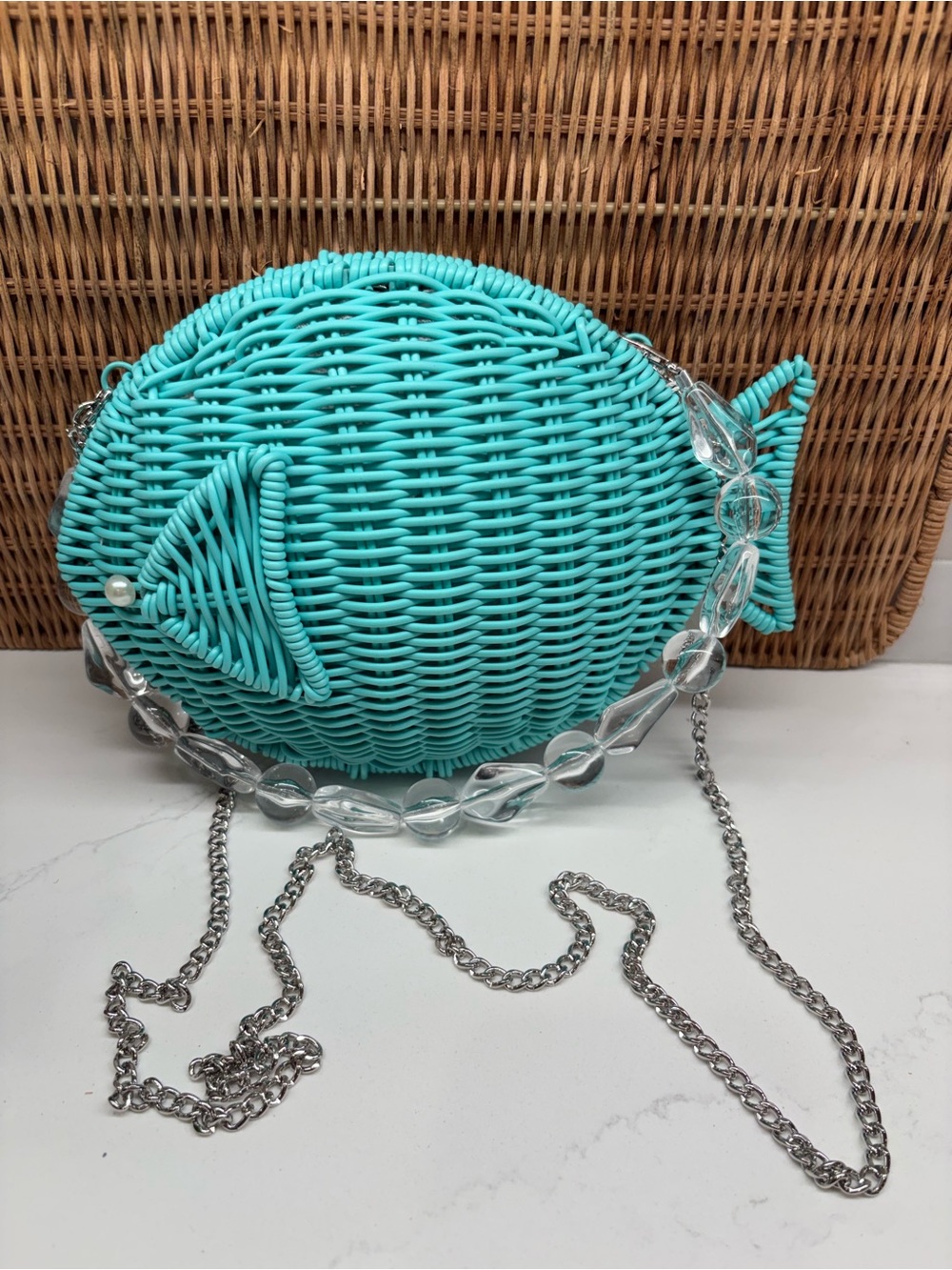 Turquoise Fish-Shaped Woven Crossbody 
Tommy Bahama Viral 🐟